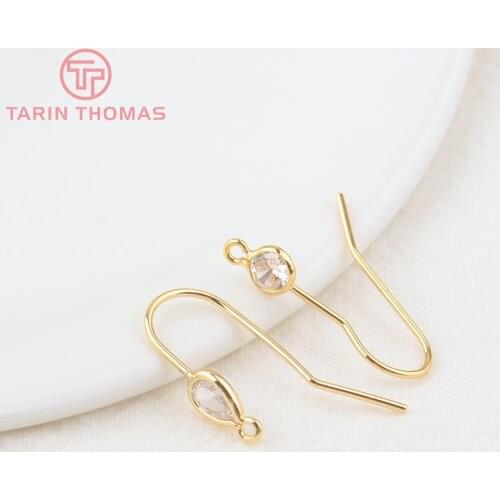 6PCS 10x22MM Hole 1MM 24K Gold Color Brass Earrings Hooks with Drop shape Zircon High Quality Diy Jewelry Findings Accessories