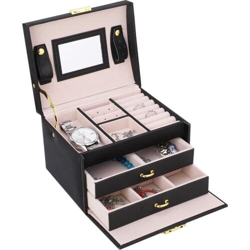 3 Tiers PU Leather Jewelry Storage Case Display Box Holder Organizer with Mirror (Black)