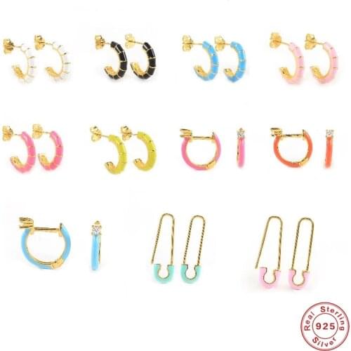 Aide 925 Sterling Silver Cute Candy Color Blue Pink Orange Enamel Hoop Earrings For Women Safety Pin Shape Huggie Earring Jewel