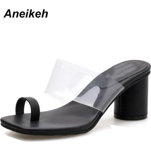 Aneikeh 2021 Summer Fashion Transparent PU Women Slippers Solid Flip-Flops Square High Heel Daily Outside Black White Size 35-39