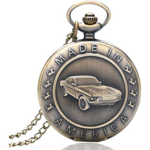 Antique Bronze Quartz Pocket Watch Car MADE IN AMERICA Pattern Designer Fob Clock Mens Pendant Gift With Necklace