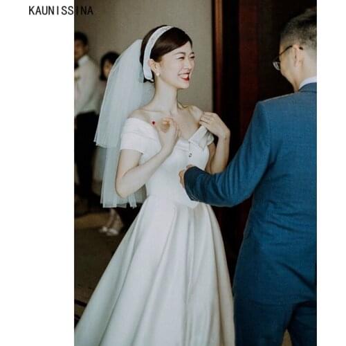 KAUNISSINA Satin Wedding Dresses Boat Neck A-Line Bridal Gowns Princess Custom Made Off Shoulder Wedding Gown Vestido De Noiva