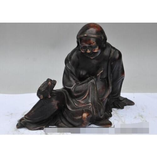 Free shipping S01988 12" old chinese Antique pure Purple bronze god Liu plays gold toad bufo statue