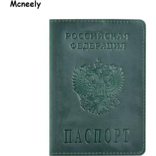 Genuine Crazy Horse Leather Passport Cover Solid Credit ID Card Case Holder Business Unisex Travel Wallet Case for Russia