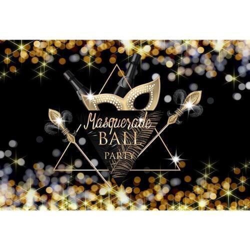 Black With Colouful Twinkle Spots Photography Background Glod Mask With Diamond And Walking Stick Backdrop For Masquerade Party