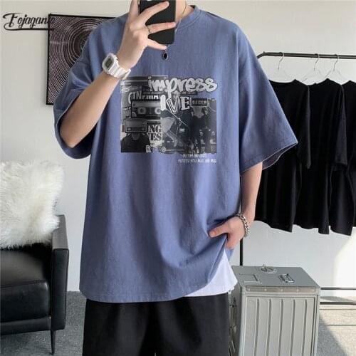 FOJAGANTO Men Summer Loose T Shirt Casual Short Sleeve Retro Print Mens Hip Hop T-Shirt Fashion Tops Tee Shirt Male
