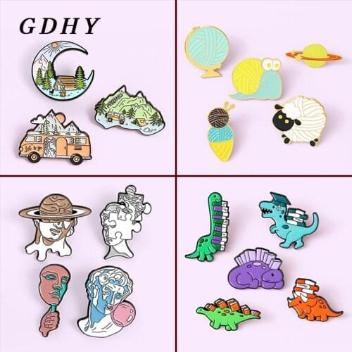 GDHY Dinosaur Sculpture Camping Brooch Puzzle Statue Book Wool Snail Ice Cream Sheep Moon Enamel Pin Badge Jewelry For Kids