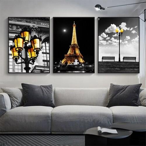 Nordic Landscape Canvas Painting Print Yellow Tower Streetlight Tram Wall Art Picture Triple Black And White Posters Home Decor