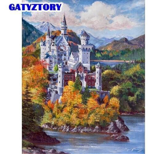GATYZTORY 40x50cm Framed Painting By Numbers For Adults HandPainted Castle River Scenery Oil Paint Home Decoration Wall Artcraft