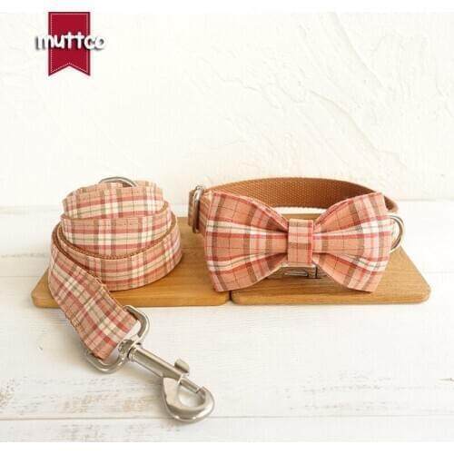 MUTTCO plaid dog collar leash set with bow tie basic dog necklace for pet gift THE ORANGE PLAID Butterfly Knot 5 sizes UDC042