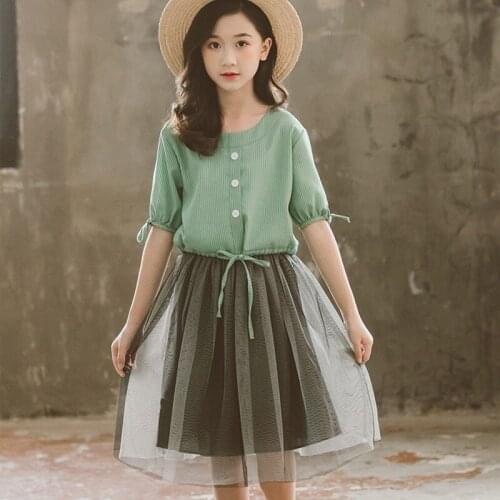 Big Girl Two Piece Set Teen Clothing For Girl Dress Little Kids Set Striped Patchwork Mesh Dresses And Shirts Tops Suits 2019