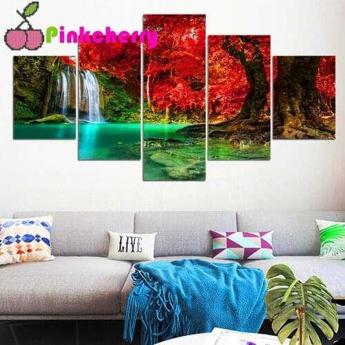 Red Tree Waterfalls Landscape diamond painting,full,square,round diamond embroidery 5 Panel,mosaic diamond diy handwork k1306