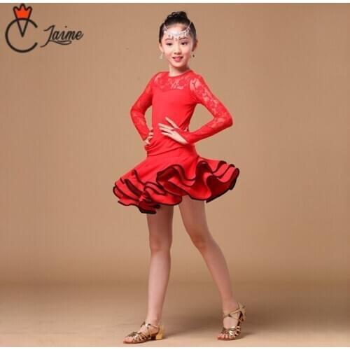 Latin Dress for Girls Children Dancewear with Long Sleeves Lace Latin competition Dresses for Girls fit for 8-16 Years old