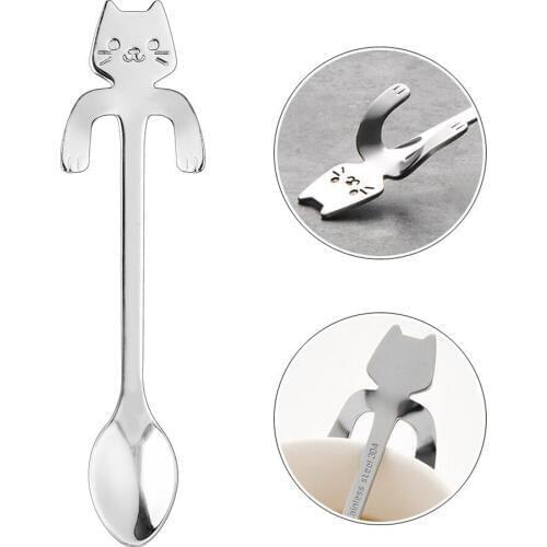 Cute Cat Spoon Long Handle Flatware Stainless Steel Tea Teaspoon Coffee Spoon Dessert Cutlery Tableware Outdoor Camping Picnic