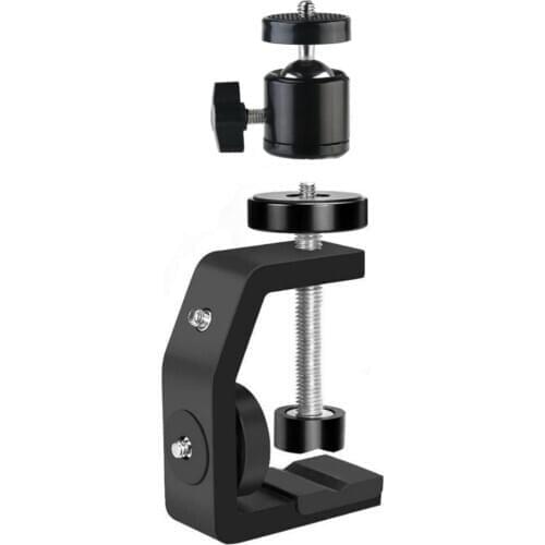 Mini Ball Head with C Clamp Adjustable Camera Mount Clamp Set 360 Degree Swivel Tripod Head with Hot Shoe and 1/4 Screw Compatib
