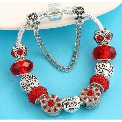 BAOPON Fashion Love Heart Charms Beads Bracelets DIY Silver Color Snake Chain Bracelets Bnagles for Women Lover Jewelry Gift