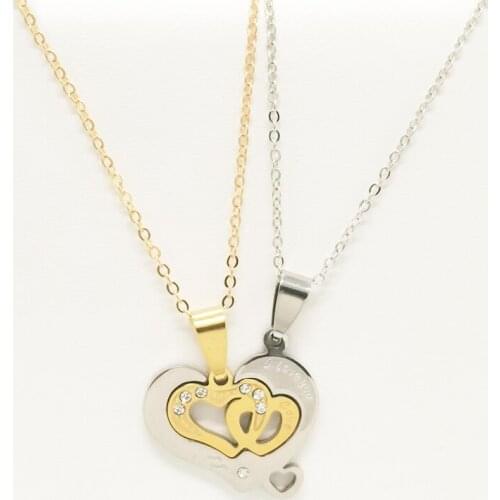 Matching 2 Pieces of Stainless Steel I Love You Stitching Necklace Men and Womens Curb Cuban Chain Couple Heart-shaped Necklace