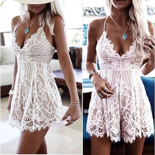 Sexy Backless Sleeveless Lace Solid Women Sleepwear Underwear Deep V-Neck Lace Floral Mini Dress White