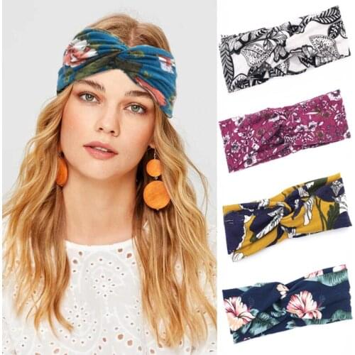 Fashion Bohemian Floral Headband Women Wide Cross Knot Turban Head Band Lady Female Vintage Elastic Bandage Bandanas Hair Band