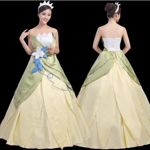 Princess And Frog Cosplay Costume Tiana Elegant Party Dress Adult Women Halloween Christmas Ball Gown