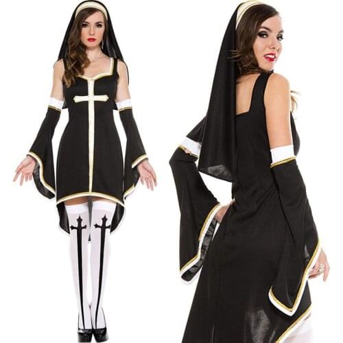 Sexy Black Nun Costume Adult Women Cosplay Nun Wear Uniform Halloween Masquerade Catholic Fancy Dress