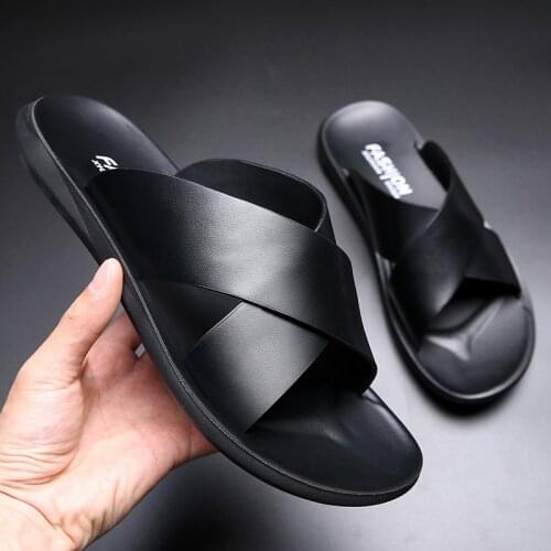 Summer Men Slippers Genuine Leather Cross Strap Beach Water Shoes Slippers Shoes for Men Dropshipping Mens Flip Flops