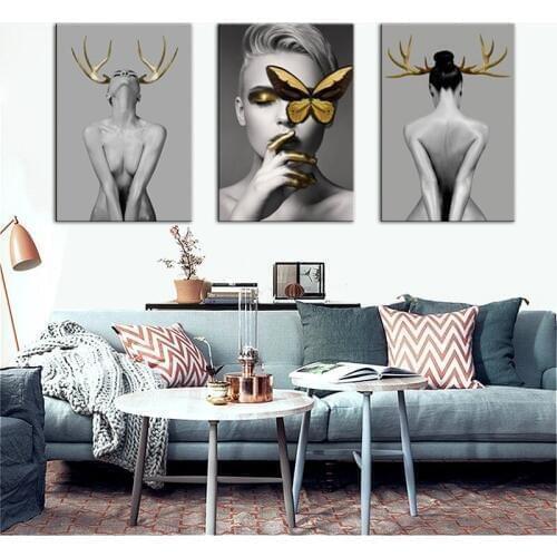 Modern Art Poster HD Portrait Photography Black and White Gold Antler Butterfly Beauty Home Decor Painting Canvas Picture