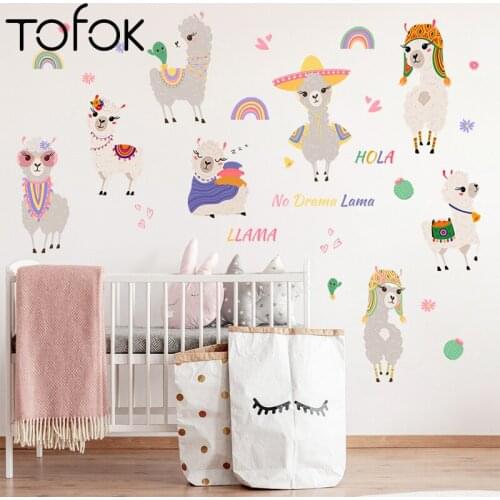 Tofok Rainbow and Alpaca English Cactus Wall Sticker Childrens Room Living Room Bedroom Creative Wall Decals PVC Self-adhesive