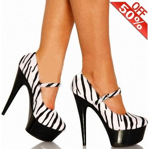 Women Pumps 15cm Stiletto Heels Platform Zebra Sexy Fetish Pole Dance Shoes 6 Inch Round Heels Shallow Big Size Nightclub Show