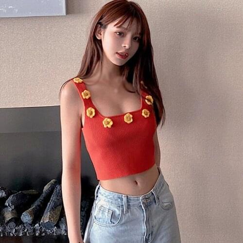 2020 Knitted Tank Top With Flower Applique Fashion Sweet Square Collar Sleeveless Crop Top Sexy Slim-fit Solid Camisole