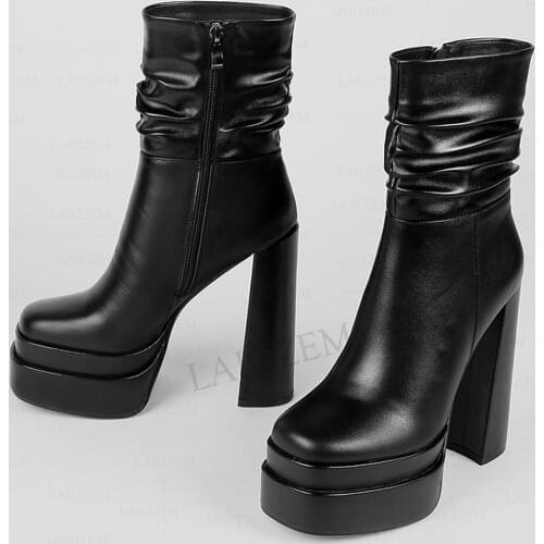 LAIGZEM Women Ankle Boots Genuine Leather Chunky High Heels Side Zip Short Booties Heigth Increase Ladies Shoes Woman Size 37 40