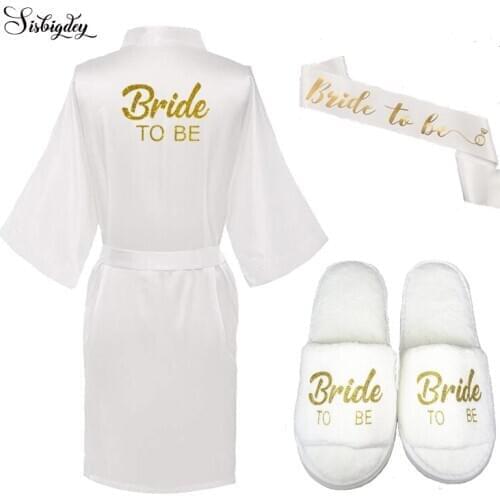 Sisbigdey Bride TO BE 3pc set of bride robe slippers sash satin robe women glitter gold Bridal Party getting ready kimono robe