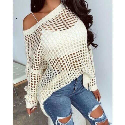 Women Sweater Solid Long Sleeve Hollow Out Sweater pullover