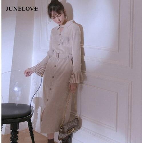 Elegant Casual Beige Midi Long Flare Sleeve Autumn Dress Women Corduroy Pleated Single Breaste Waisted Dresses OL Robe Hiver