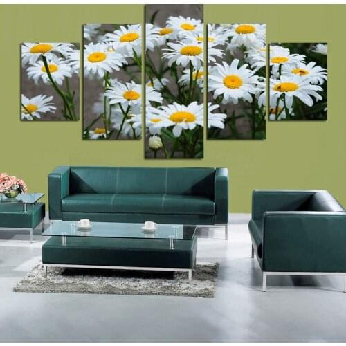 5 Panel White Daisy Sunflower Flowers Poster Room Canvas Home Decor Painting Frame Modular Pictures HD Printed