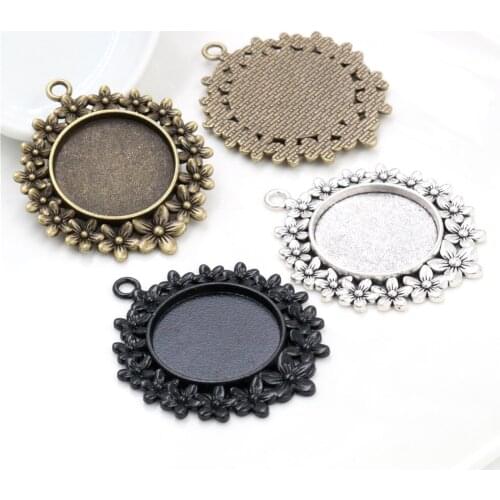 5pcs 25mm Inner Size Antique Silver Plated and Bronze and Black Flowers Style Cabochon Base Setting Charms Pendant