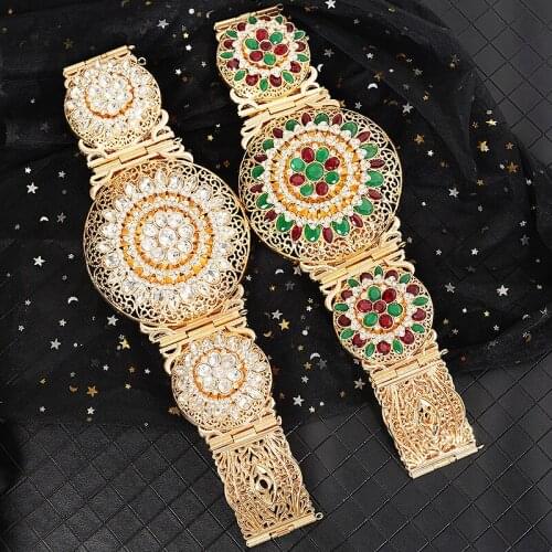 Algerian Style Ladies Large Wide Belt Full Diamond Design Rhinestone Hollow Flower Wedding Dress Chain Adjustable Length