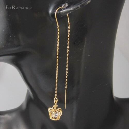 FoRomance DANGLE EARRING JESUS CROSS ON CROWN SHAPE PART WITH CZ STONES IN IT CHARMS YELLOW GOLD GP TALL 80MM 3.15 inch