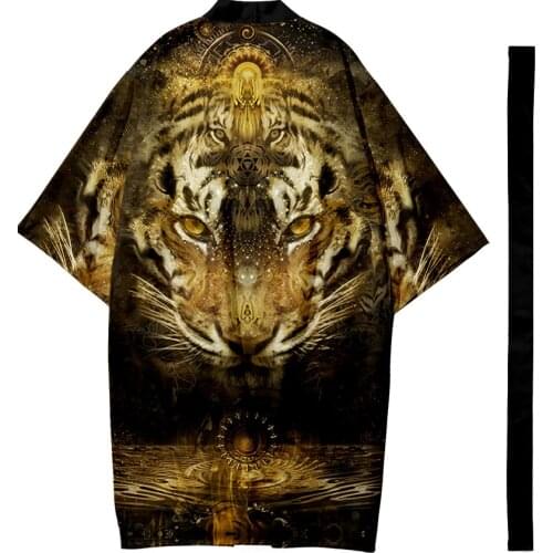 Tiger Printed Long Style Kimono Beach Cardigan With Belt Japanese Couple Women Men Casual Asian Clothes Harajuku
