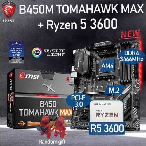 AM4 MSI B450 TOMAHAWK MAX Motherboard Set+AMD Kit Ryzen 5 3600 Combo DDR4 64Gb M.2 PCI-E 3.0 B450 Placa-mãe Kit Desktop AMD B450