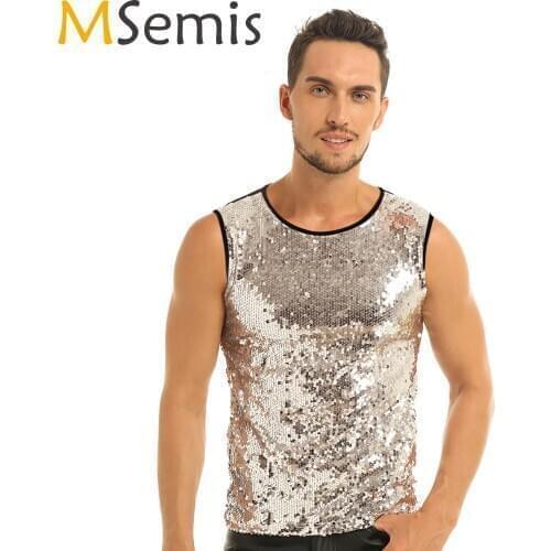 MSemis Mens Glitter Sequins Tank Top Fashion Summer Crop Top Vest Slim Muscle Tank Tops T-Shirt Clubwear Stage Rave Costume