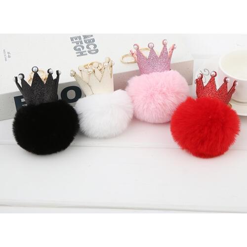 Cute Sequins Pearl Crown Pompom Key Chains Handmade Puffy Ball Keyring Bag Pendants Decoration Jewelry Charms Keychain Girl Gift