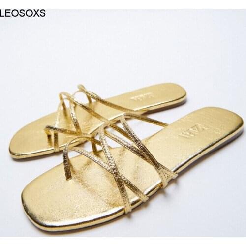 Shoes For Women 2021 Summer New Golden Sandals Flat Sandals Thin Belt Low Heel Slippers Womens Shoes Toe Simple Slippers
