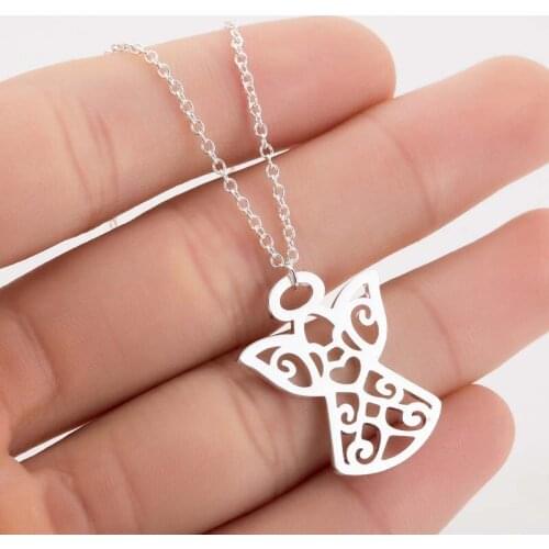 Stainless Steel Guardian Angel Pendant Necklace Girl Rose Gold Statement Necklace Women Choker Bijoux Femme Collier Boho Jewelry