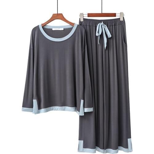 New Modal Round Neck Long Sleeve Women Pajamas Contrast Wide Leg Pants Pijamas Spring Casual Two Piece Home Wear Loose Sleepwear