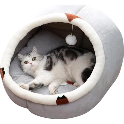 Semi-closed Cat Cave Cat Sleeping Bed With Soft Cushion Pet Nest Pet Warm House With Hanging Teaser Bell For Four Seasons