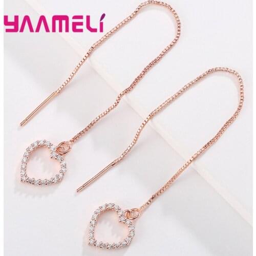 Lovely Fine 925 Sterling Silver Best Friend Thread Earrings Long Box Chain Thread Heart Circle Stars Silver Rose Gold Colors