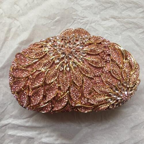 Luxury Pink Crystal Clutch Gold Metal Womens Party Purse Fashion Hollow Out Ladies Dinner Purses And Handbags Ladies Handbag