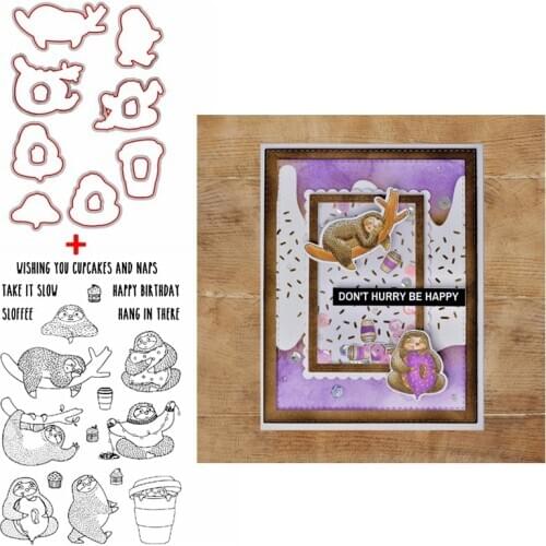 Animal Sloths Hang In Tree Cutting Dies Match Clear Stamps Cupcake Coffee Happy Birthday Words DIY Scrapbooking Craft Card 2020