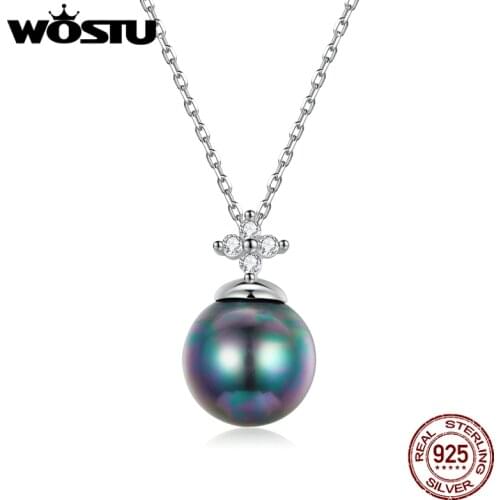 WOSTU 925 Sterling Silver Necklace Elegant Pearl Ball Long Chain Link Necklace For Women Fashion Jewelry CTN226